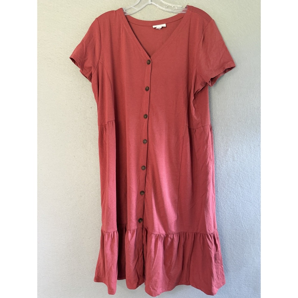 J. Jill Dress Womens M Red V Neck Short Sleeve Button Front T Shirt Knee Length
